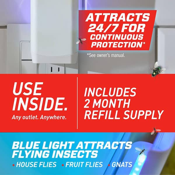 Home Defense Max Indoor Flying Insect Trap, For House Flies, Fruit Flies, and Gnats (1 Plug-In and 2 Refills)