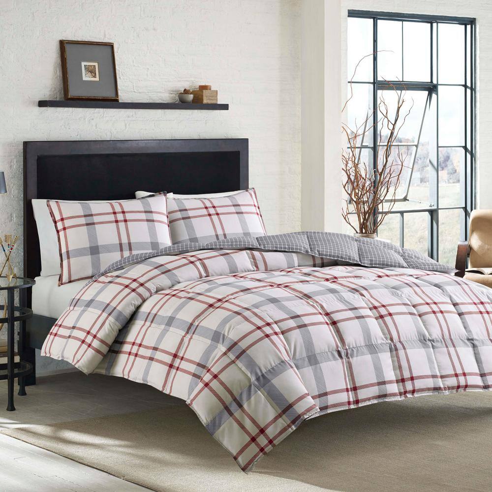 Eddie Bauer Portage Bay 3Piece Beige Plaid Cotton Full/Queen Duvet
