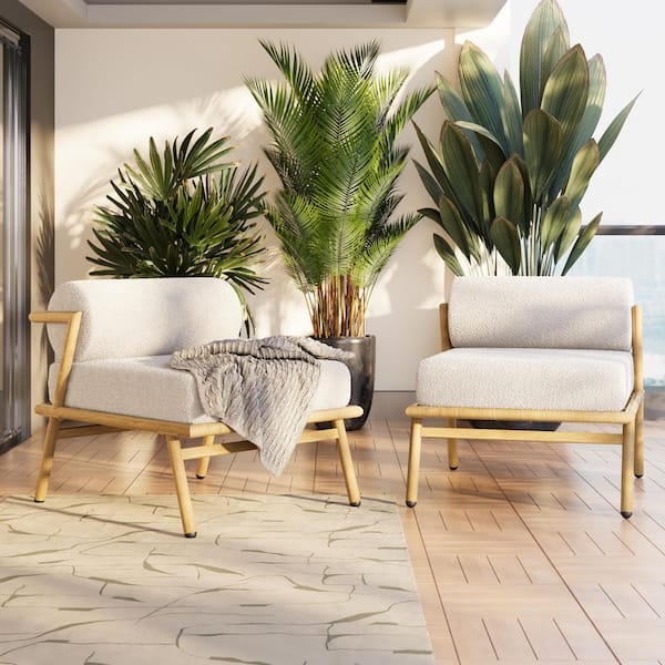 CHRISTOPHER KNIGHT HOME Sage Outdoor Patio Metal Frame Club Lounge Chairs with Off White Cushions, Teak, Set of 2