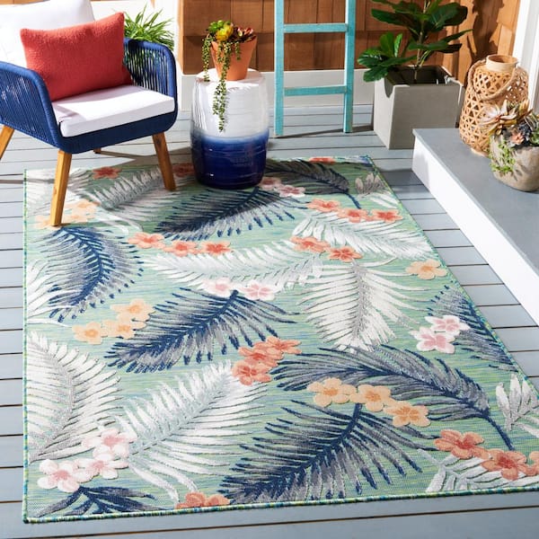 Cabana Green/Navy 9 ft. x 12 ft. High-Low Botanical Floral Indoor/Outdoor Area Rug