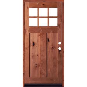 36 in. x 80 in. Craftsman Knotty Alder Clear Low-E 6-Lite Red Chestnut Stain Wood Left Hand Single Prehung Front Door