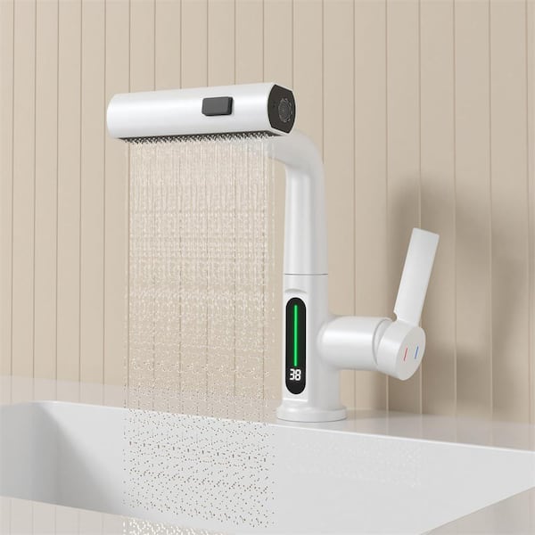 Unbranded Single Handle Pull Out Lift LED Temperature Digital Display Bathroom Bidet Faucet with Deckplate Waterfall in White