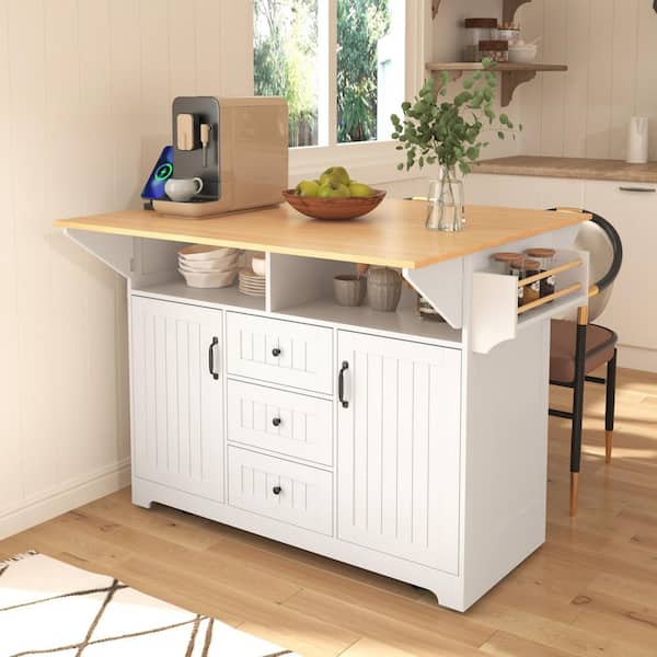 Ximuprmy White Wood 55 in. Kitchen Island with 2 Drop Leaf, 2-Power Outlet and Folding Storage Dining Table for Kitchen Room