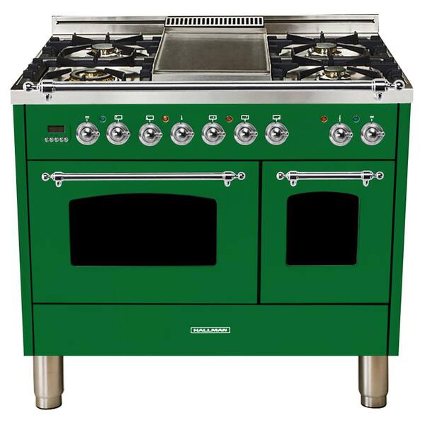 Hallman 40 in. 4.0 cu. ft. Double Oven Dual Fuel Italian Range True Convection, 5 Burners, Griddle, Chrome Trim in Emerald Green