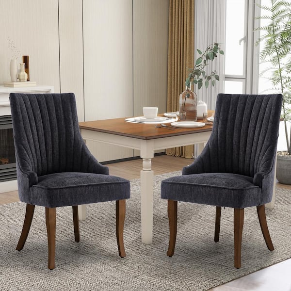 Comfy Black Linen Channel Tufted Upholstered Dining Chairs Set of 2 with Solid Wood Legs