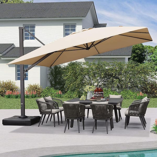 12 ft. Square Large Outdoor Aluminum Cantilever 360° Rotation Patio Umbrella with Base, Beige