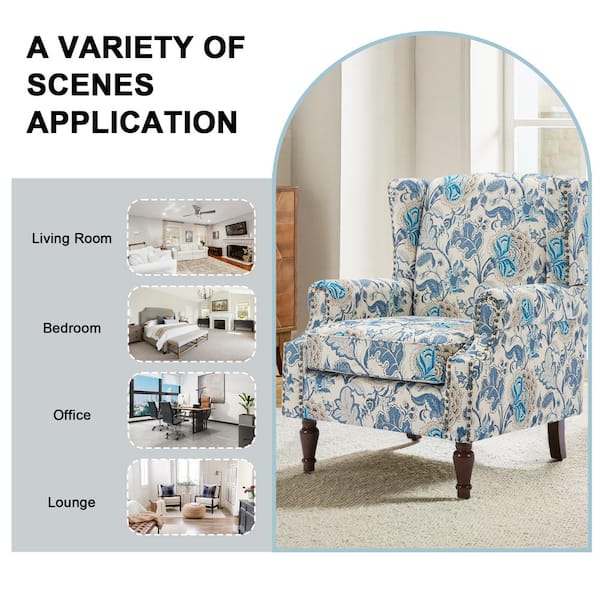 Uixe Retro Boho Blue Linen Nailhead Trim Upholstered High Back