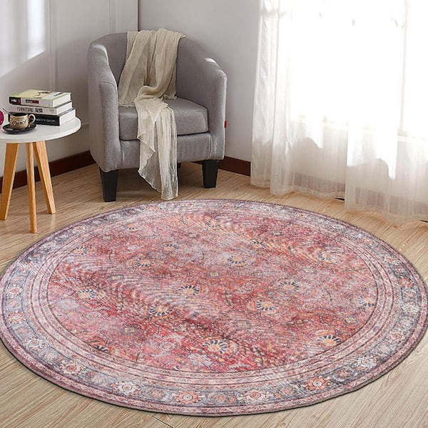 Vintage Inspired Machine Washable Non Slip Red 8 ft.  ROUND Area Rug