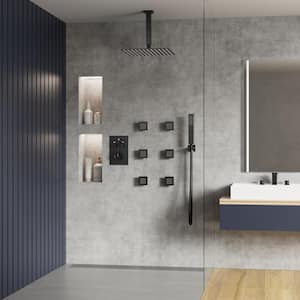 Thermostatic Shower System 7-Spray Ceiling Mount Square Shower Head with 6-Jets in Matte Black (Valve Included)