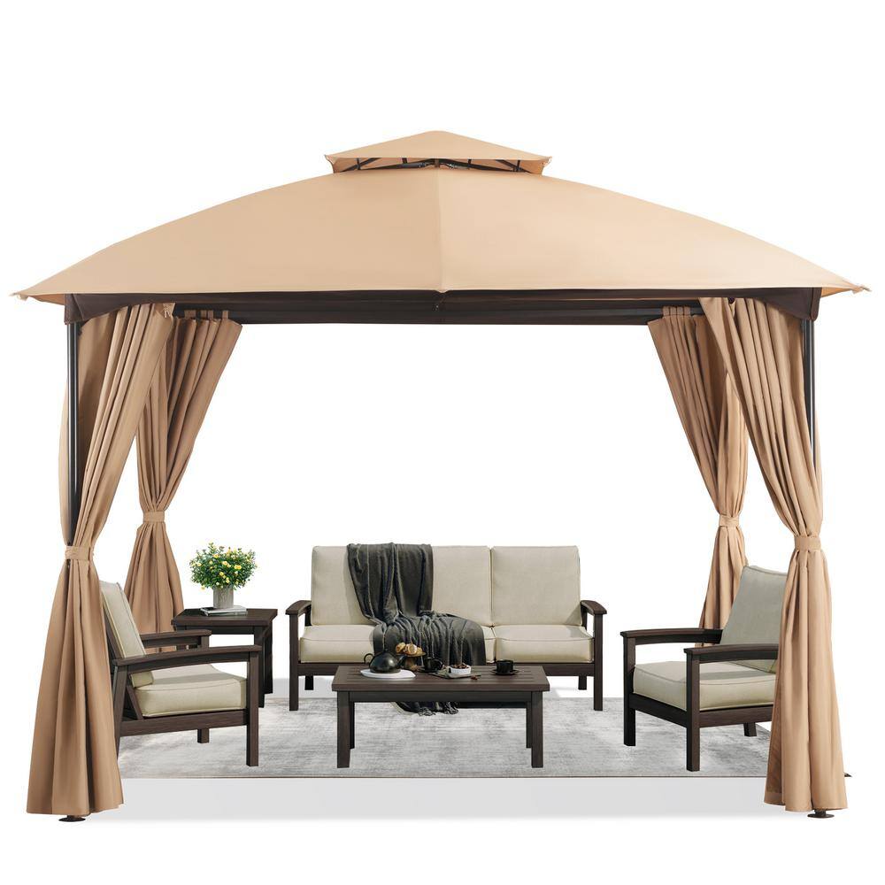 10x10 Khaki Steel Patio Gazebo with Privacy Curtains