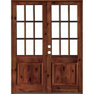 72 in. x 96 in. Craftsman Knotty Alder Wood Clear 9-Lite Red Chestnut Stain Right Active Double Prehung Front Door