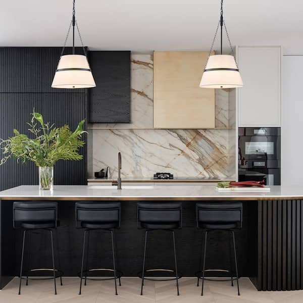 Softline 4-Light 15.4 in. Modern Matte Black Pendant Light with Linen Fabric Drum Shade for Bedroom Living Room Island