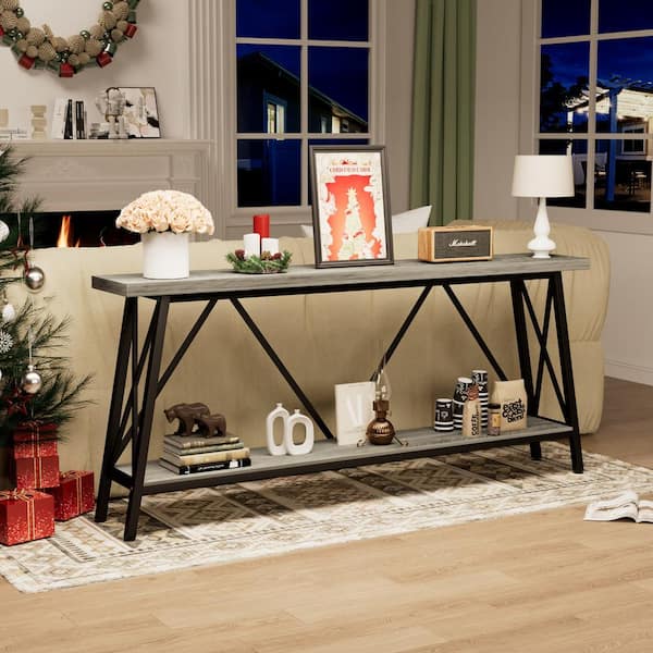 CSC DECOR INC 70.9 in. Gray Rectangle Wood Extra Long Sofa Table Console Behind Sofa with 2 Tier Storage Shelves Entryway Side Table