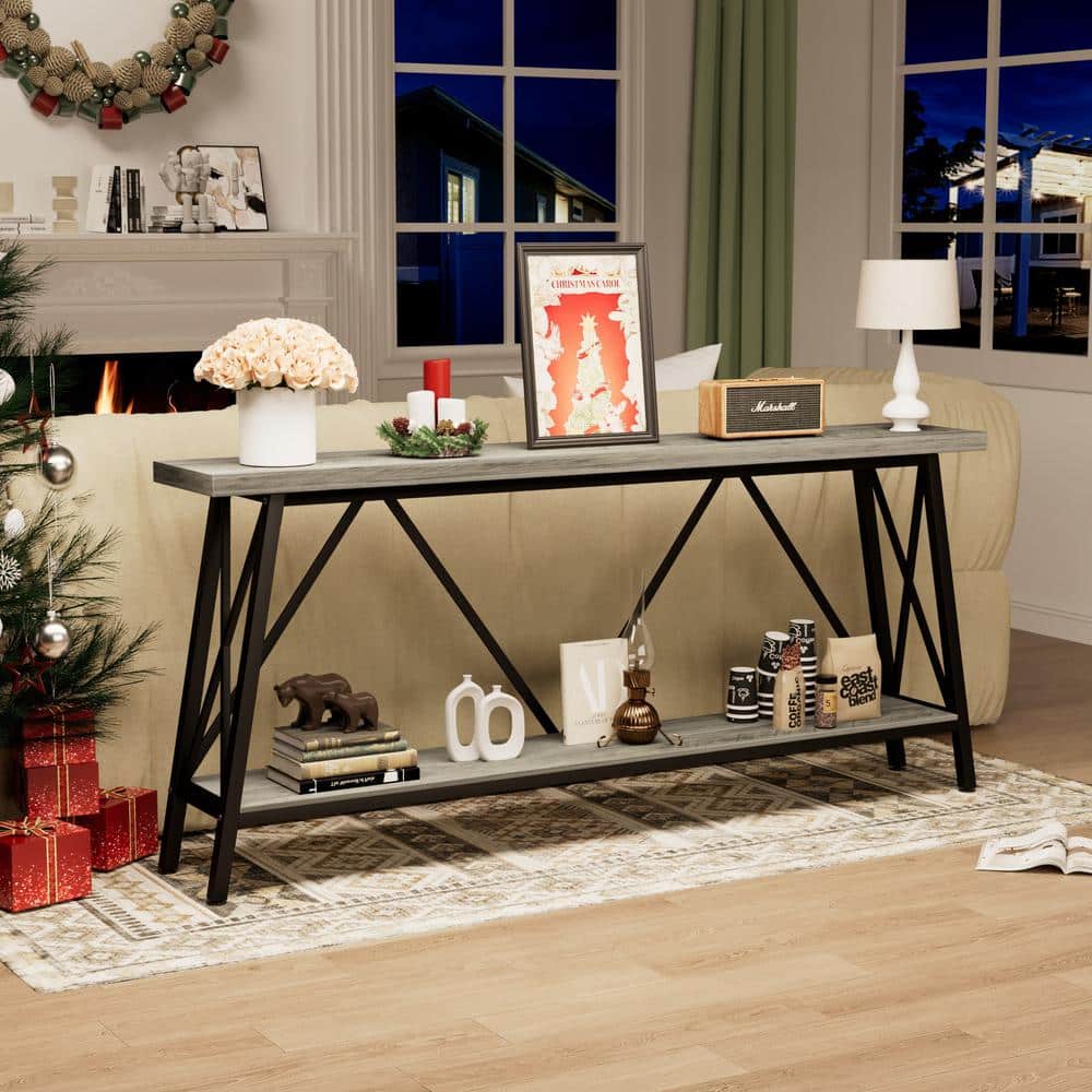 70.9 in. Gray Rectangle Wood Extra Long Sofa Table Console Behind Sofa with