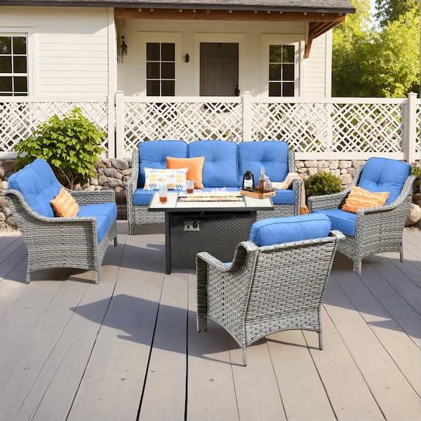 Toject Eureka 5-Piece Modern Wicker Outdoor Patio Conversation Sofa Seating Set with Metal Fire Pit and Blue Cushions