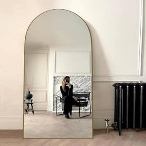 28 in. W x 71 in. H Classic Arched Wood Full Length Mirror Gold Wall Mounted Standing Mirror Floor Mirror