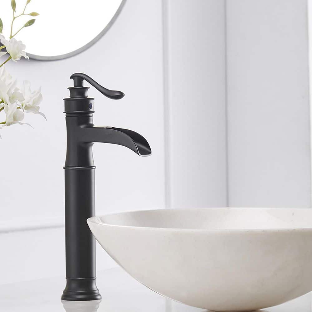 Matte Black Waterfall Single-Handle Vessel Bathroom Faucet with Drain Assembly
