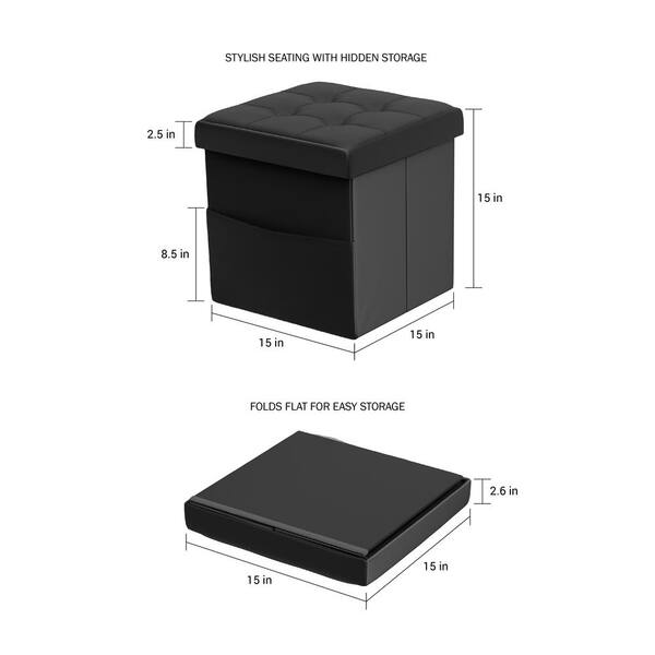 Lavish Home Black Faux Leather Foldable, Leather Storage Bin Cube