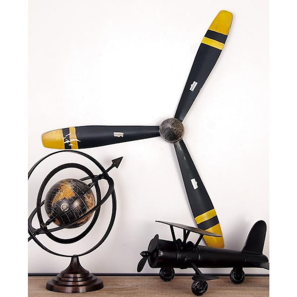 Litton Lane 27 in. x 31 in. Metal Black 3 Blade Airplane Propeller Wall Decor with Aviation Detailing