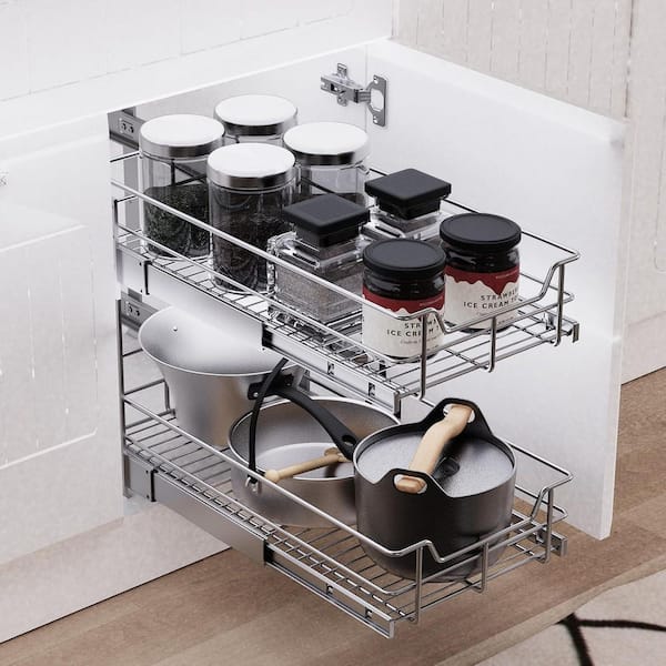 2-Tier Pull Out Cabinet Organizer, Heavy Duty Slide Out Drawers for Kitchen Cabinets, Pull Out Spice Rack, Silver