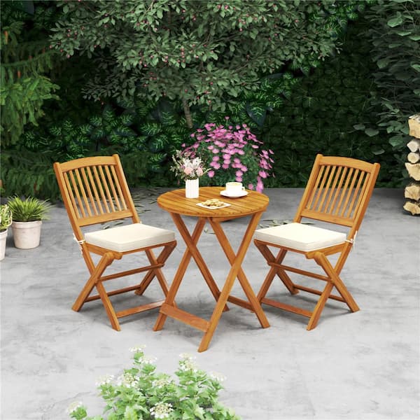 Costway Acacia Wood Outdoor Folding Dining Chairs High-Back Chair with Seat Beige Cushions (Set of 2)