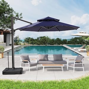 Double top 11.5 ft. Outdoor Round Heavy-Duty 360-Degree Rotation Cantilever Patio Umbrella in Navy Blue