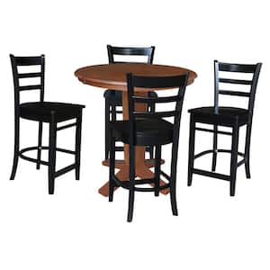 Aria 5-Piece Distressed Oak/Black 36 x 48 in Oval Solid Wood Counter-Height Pedestal Table with 4 Emily Stools, Seats 4