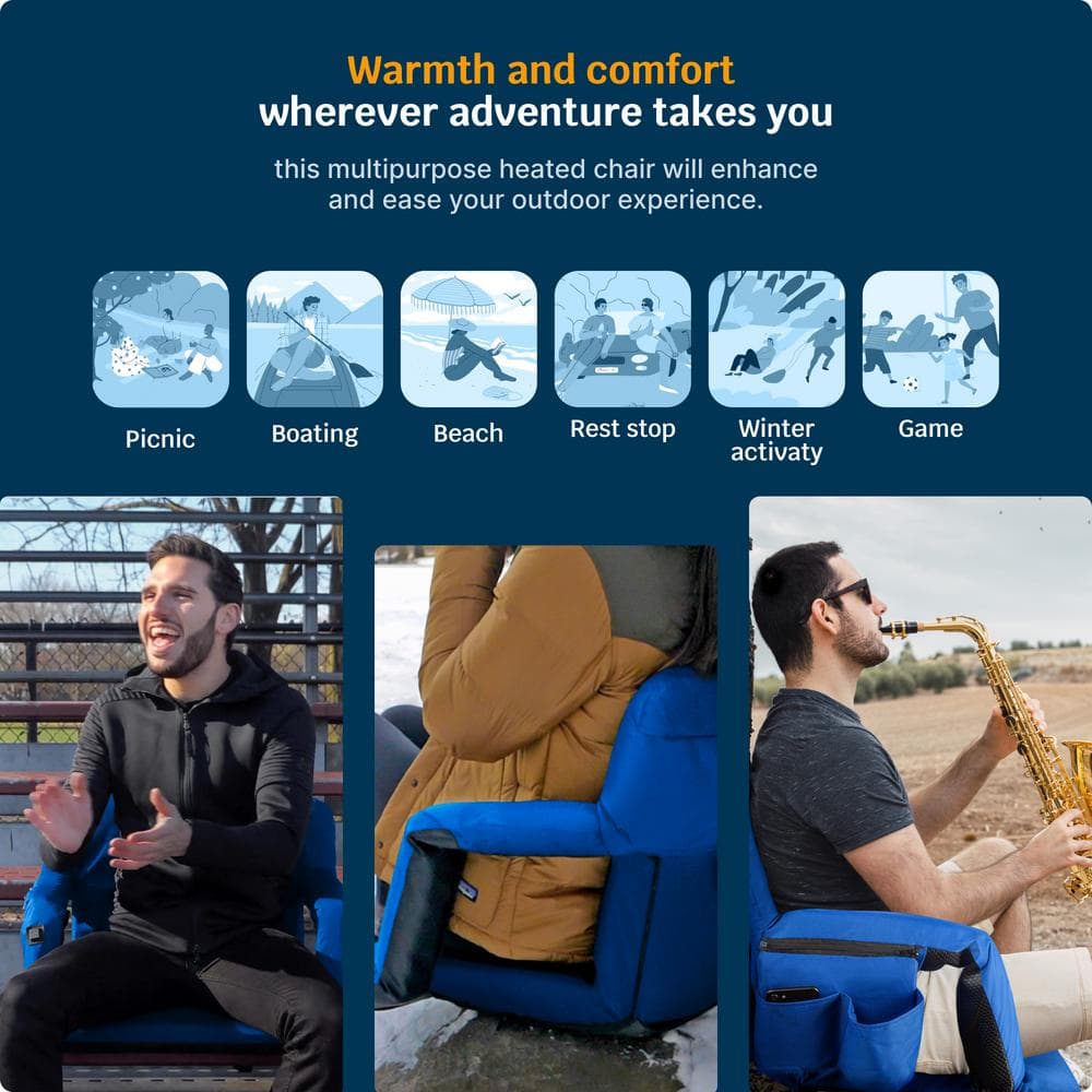 21" Royal Blue Heated Reclining Stadium Seat with Armrests