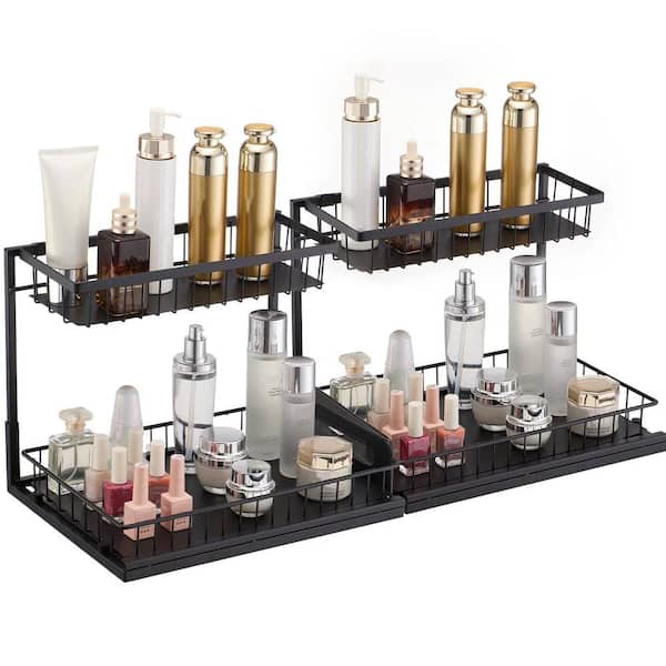 Anqtovp 2-Tier 10.7 in. x 14.2 in. Wire Pull Out Cabinet Under Sink Organizer Rust Resistant Drawer Basket in Black (2-Piece)