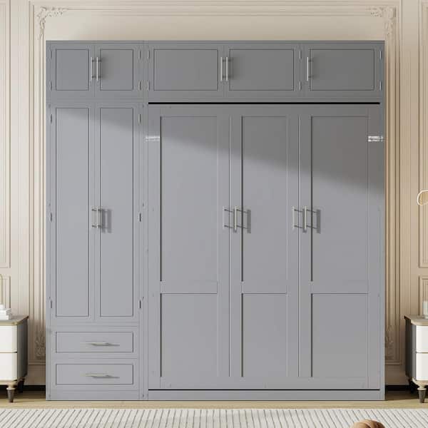 Gray Wood Frame Queen Size Wall Murphy Bed with Top Cabinet, Shelves and Wardrobe