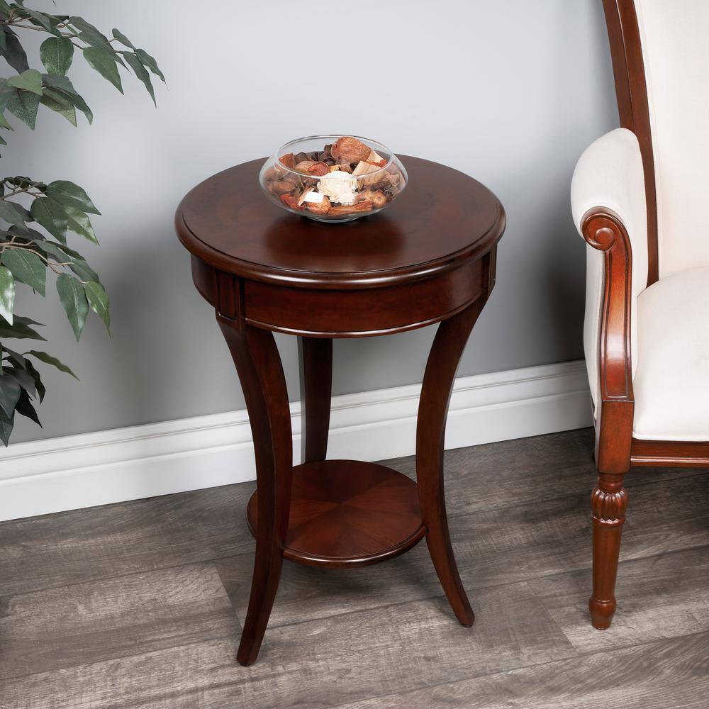 Brown Round Transitional Wood Accent Table with Veneer Inlay