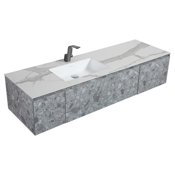 BATHLYN Terazzo Grey 65 in. W x 20.7 in. D x 13.8 in. H Single Sink Bath Vanity in Stone Grain Grey with White Resin Top