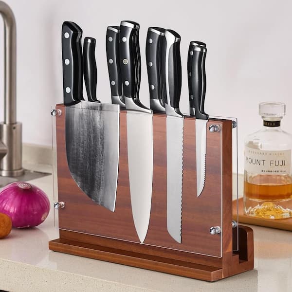 12-Knife Double-Side Acacia Wood Magnetic Knife Block with Acrylic Shield for Kitchen Counter