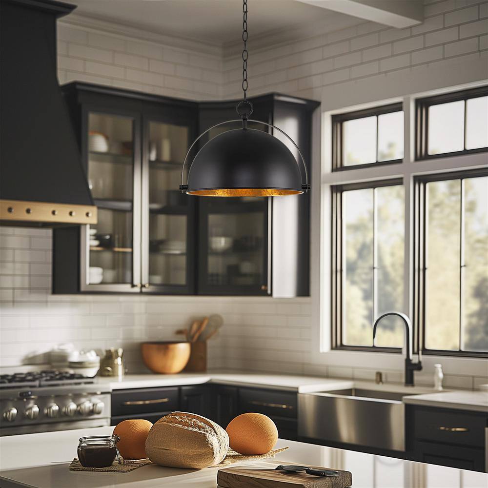 Sulis 14.5" Black Metal Dome Pendant Light with Gold Accents