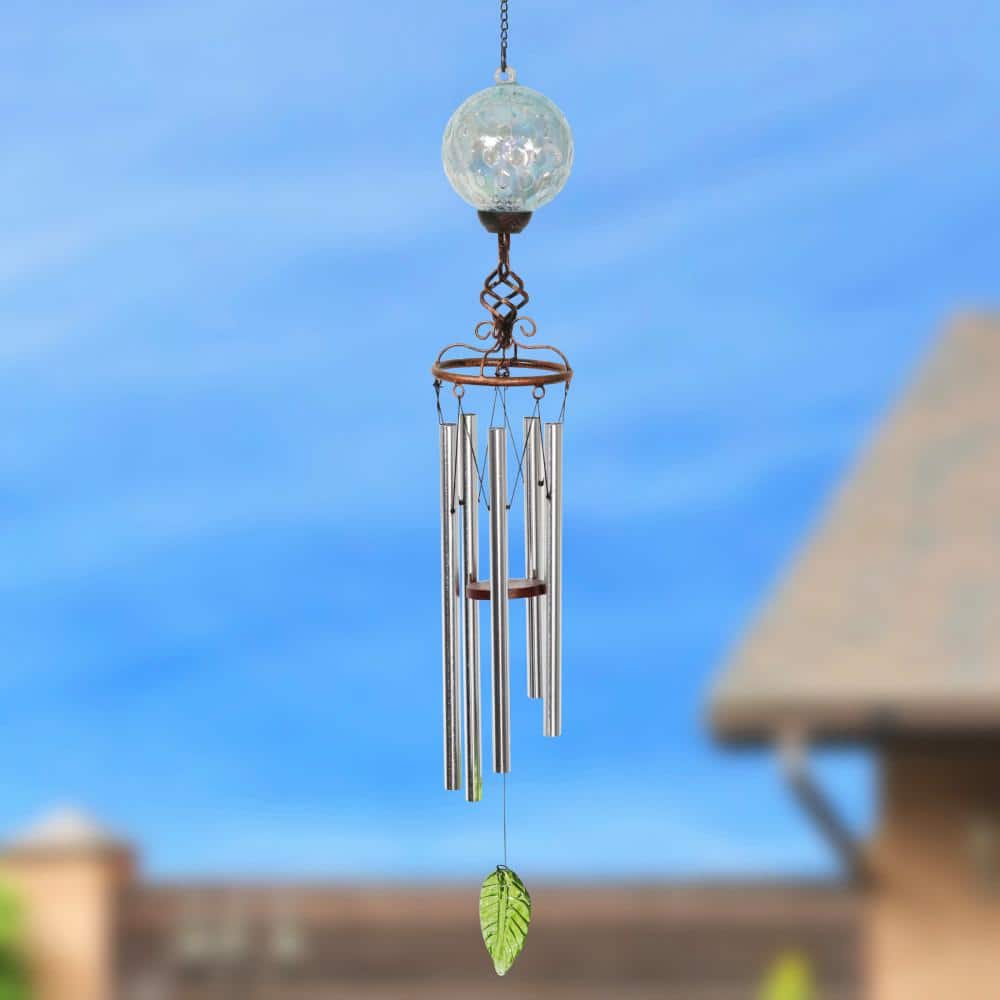 Light Blue Solar Pearlized Honeycomb Glass Wind Chime with Metal Finial