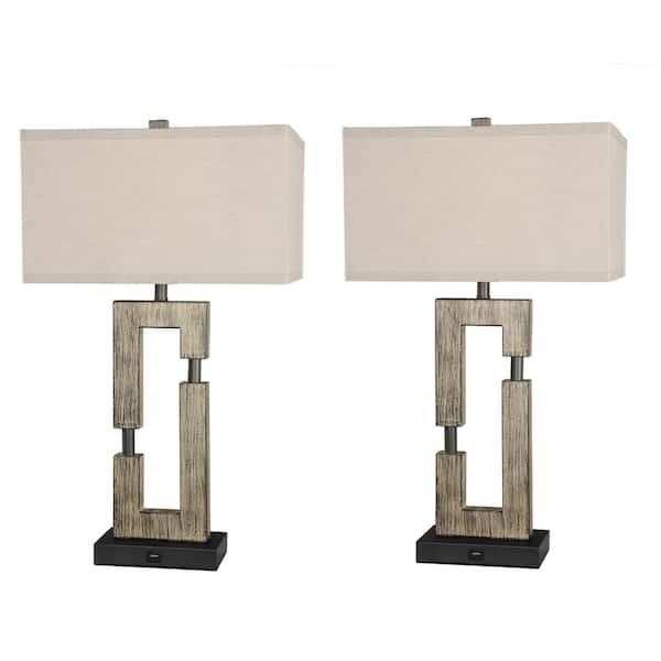 Pia Ricco 25.9 in. Wood Oatmeal Modern Minimalist USB Port Table Lamp With Shades (Set of 2)
