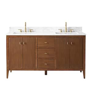 60 in. W x 22 in. D x 38 in. H Double Sink Bathroom Vanity Cabinet in Linear Walnut with Engineered Marble Top