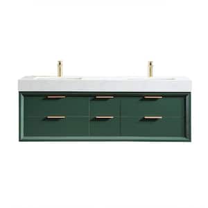 60 in. W x 21 in. D x 21 in. H Double Sink Wall Mounted Bath Vanity in Green with White Engineered Stone Top