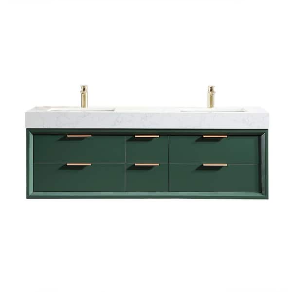 JimsMaison 60 in. W x 21 in. D x 21 in. H Double Sink Wall Mounted Bath Vanity in Green with White Engineered Stone Top