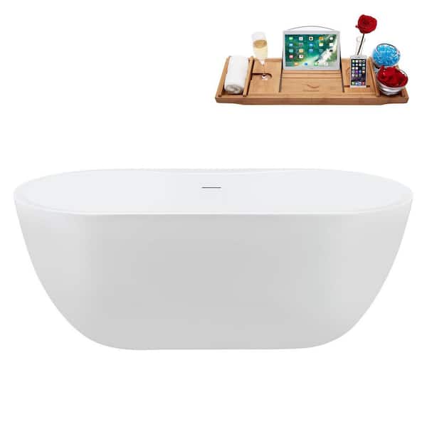 61 in. x 30 in. Acrylic Freestanding Soaking Bathtub in Glossy White With Brushed Nickel Drain, Bamboo Tray