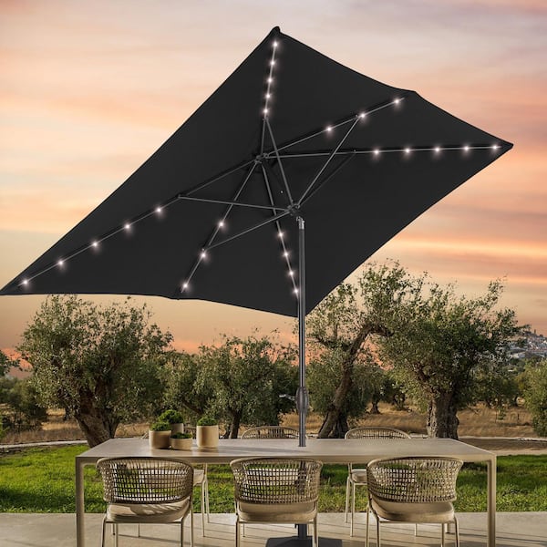 6 foot patio umbrella black SANLUCE 6 ft. x 9 ft. LED Rectangular Patio Umbrella with UV Protection, Easy Tilt and Wind-Resistant Features in Black