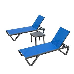 Blue Outdoor Aluminum Patio Chaise Lounge Chair, with 5 Adjustable Position (2 Lounge Chairsplus1 Table)