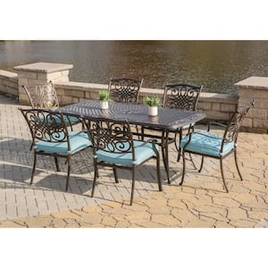 Traditions 7-Piece Aluminum Outdoor Dining Set with Rectangular Cast-Top Table with Blue Cushions