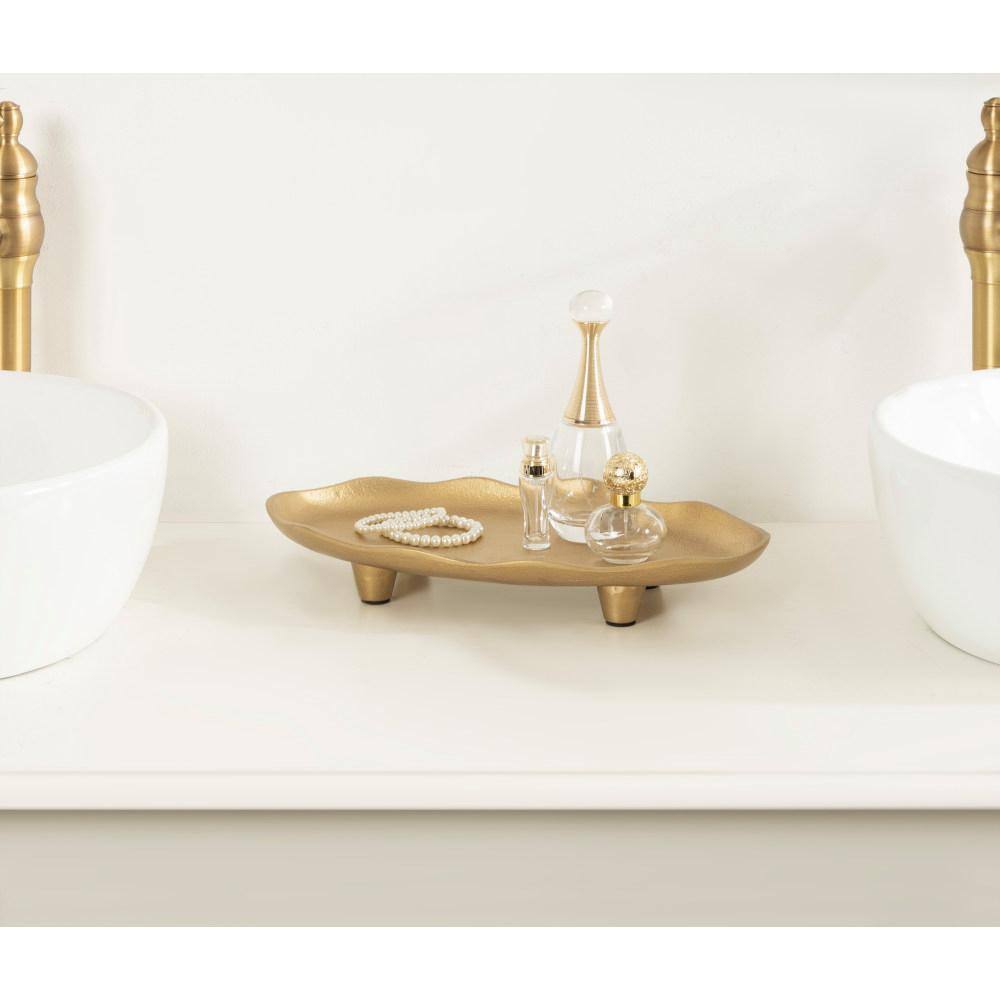 Gold Scalloped Oval Footed Metal Tray, 14 x 8