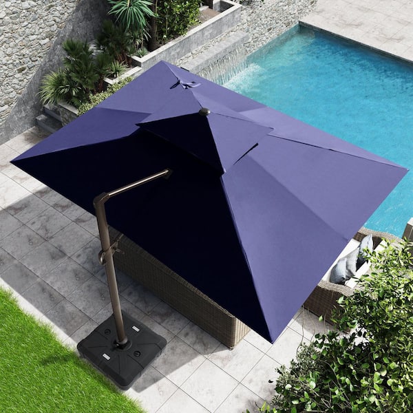 double level patio umbrella Crestlive Products 10 ft. x 13 ft. Double Top Cantilever Tilt Patio  Umbrella in Navy Blue with HDPE Base Stand CL-UWB4624NAV-2