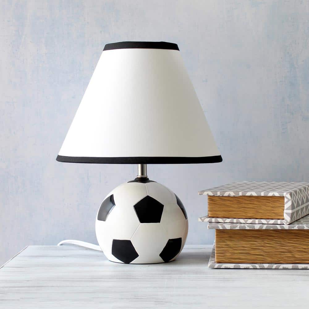 11.5" White and Black Ceramic Soccer Ball Table Lamp