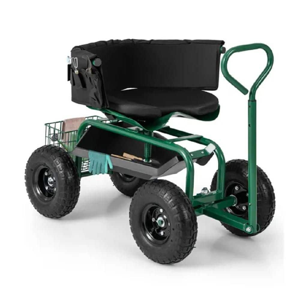 1.3 cu. ft. Metal Garden Cart Scooter with Swivel Seat, Adjustable Height, 