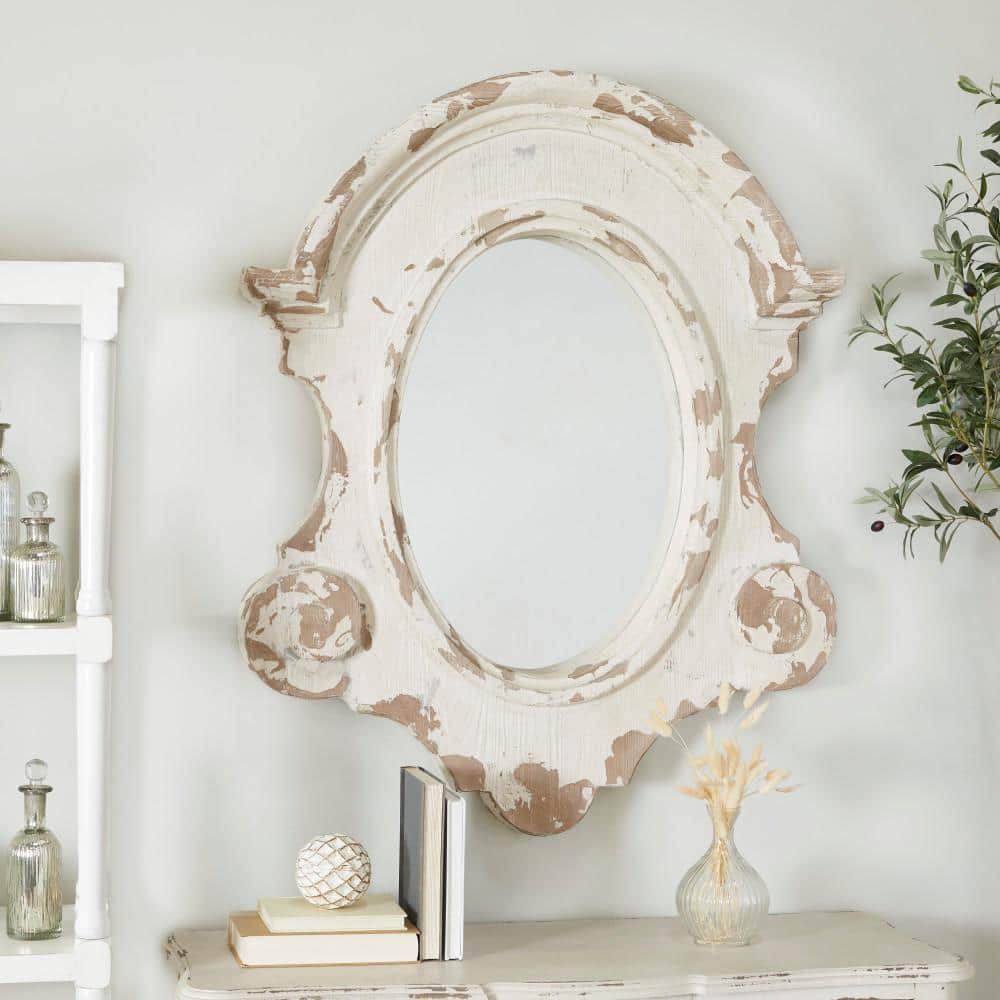 White Carved Oval Wood Wall Mirror with Arched Top