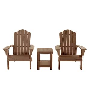 Brown HIPS All-Weather Plastic Wood Outdoor Adirondack Chairs Set of 2 with a Small Side End Table for Garden Lawns