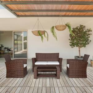Hudson 4-Piece Brown Wicker Outdoor Patio Loveseat and Armchair Conversation Set with White Cushions and Coffee Table